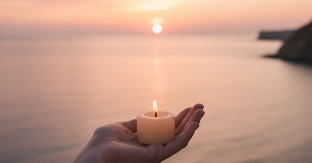 que es duImagen de una mano sosteniendo una vela frente al mar al amanecer para el blog de Gaby Oviedo