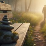 Banco de madera con piedras apiladas en un sendero soleado que simboliza soltar los mitos del duelo en tanatología.