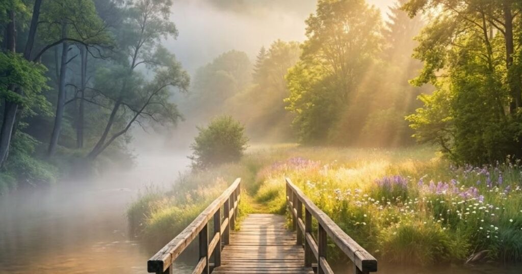 Puente de madera rústico cruzando de la niebla hacia un prado soleado representando la tanatología.